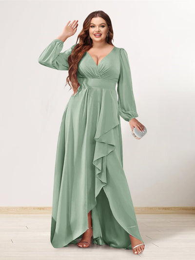 A-Line/Princess V-Neck Long Sleeves Chiffon Ruched Asymmetrical Plus Size Bridesmaid Dresses with Pockets