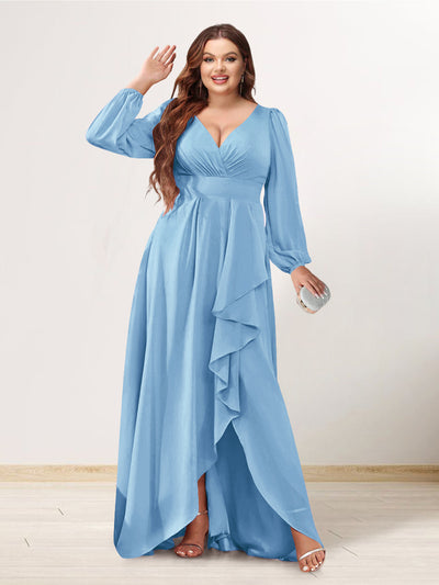 A-Line/Princess V-Neck Long Sleeves Chiffon Ruched Asymmetrical Plus Size Bridesmaid Dresses with Pockets