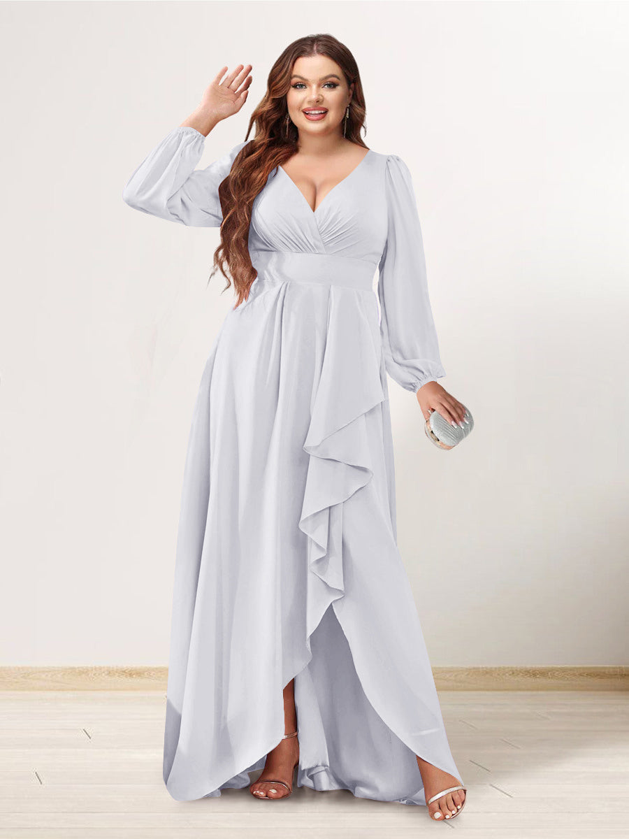 A-Line/Princess V-Neck Long Sleeves Chiffon Ruched Asymmetrical Plus Size Bridesmaid Dresses with Pockets