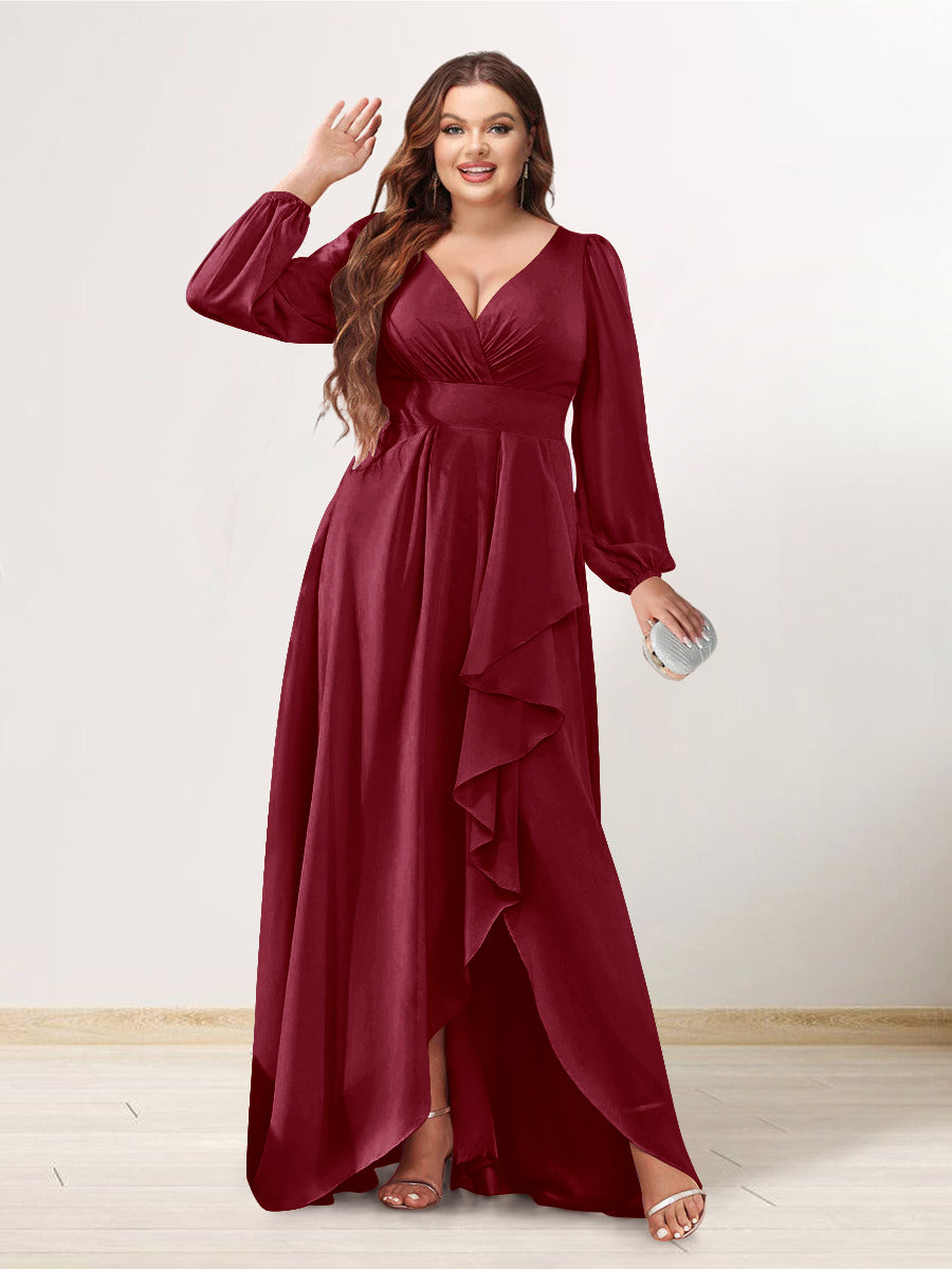 A-Line/Princess V-Neck Long Sleeves Chiffon Ruched Asymmetrical Plus Size Bridesmaid Dresses with Pockets