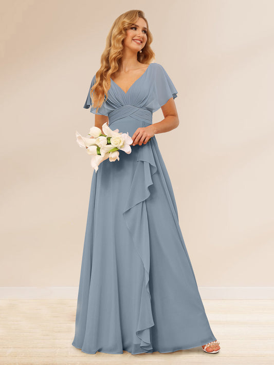 A-Line/Princess V-Neck Long Bridesmaid Dresses with Ruffles