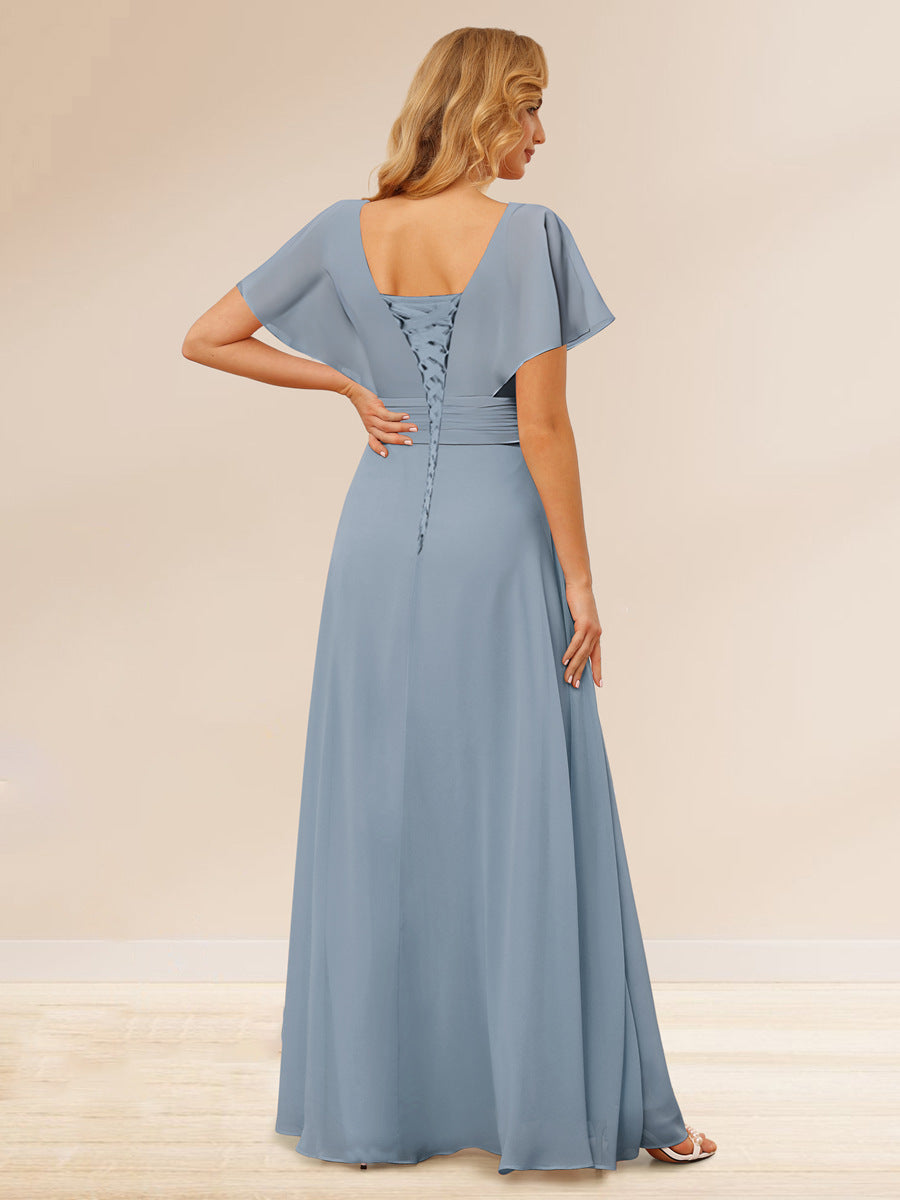 A-Line/Princess V-Neck Long Bridesmaid Dresses with Ruffles