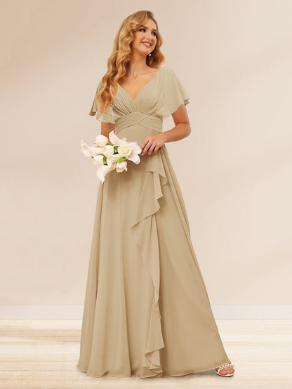 A-Line/Princess V-Neck Long Bridesmaid Dresses with Ruffles