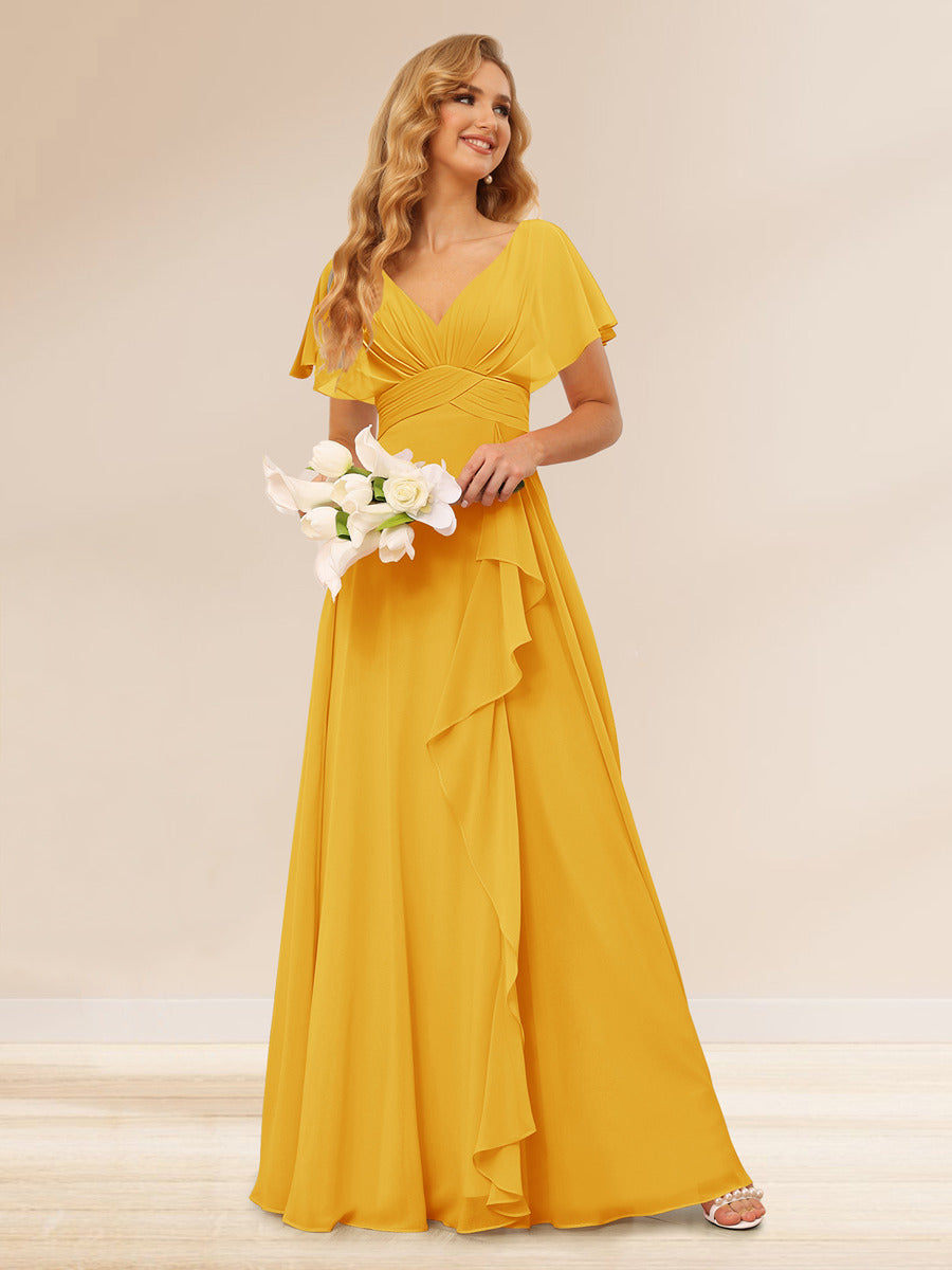 A-Line/Princess V-Neck Long Bridesmaid Dresses with Ruffles