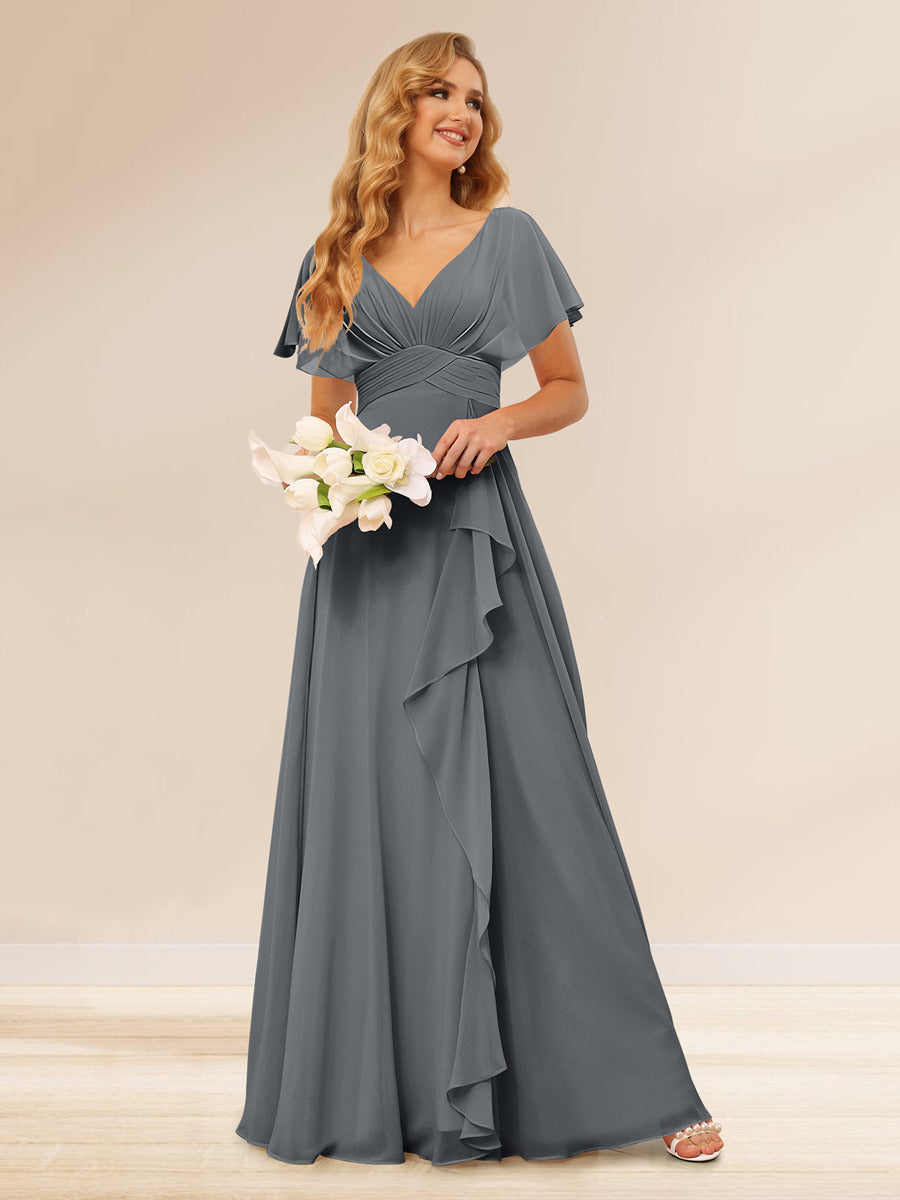 A-Line/Princess V-Neck Long Bridesmaid Dresses with Ruffles