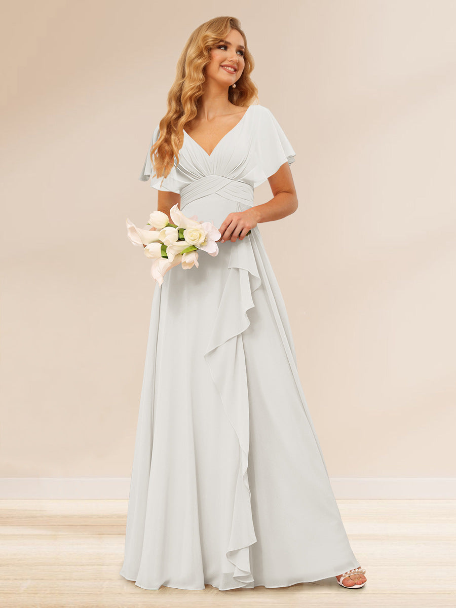 A-Line/Princess V-Neck Long Bridesmaid Dresses with Ruffles