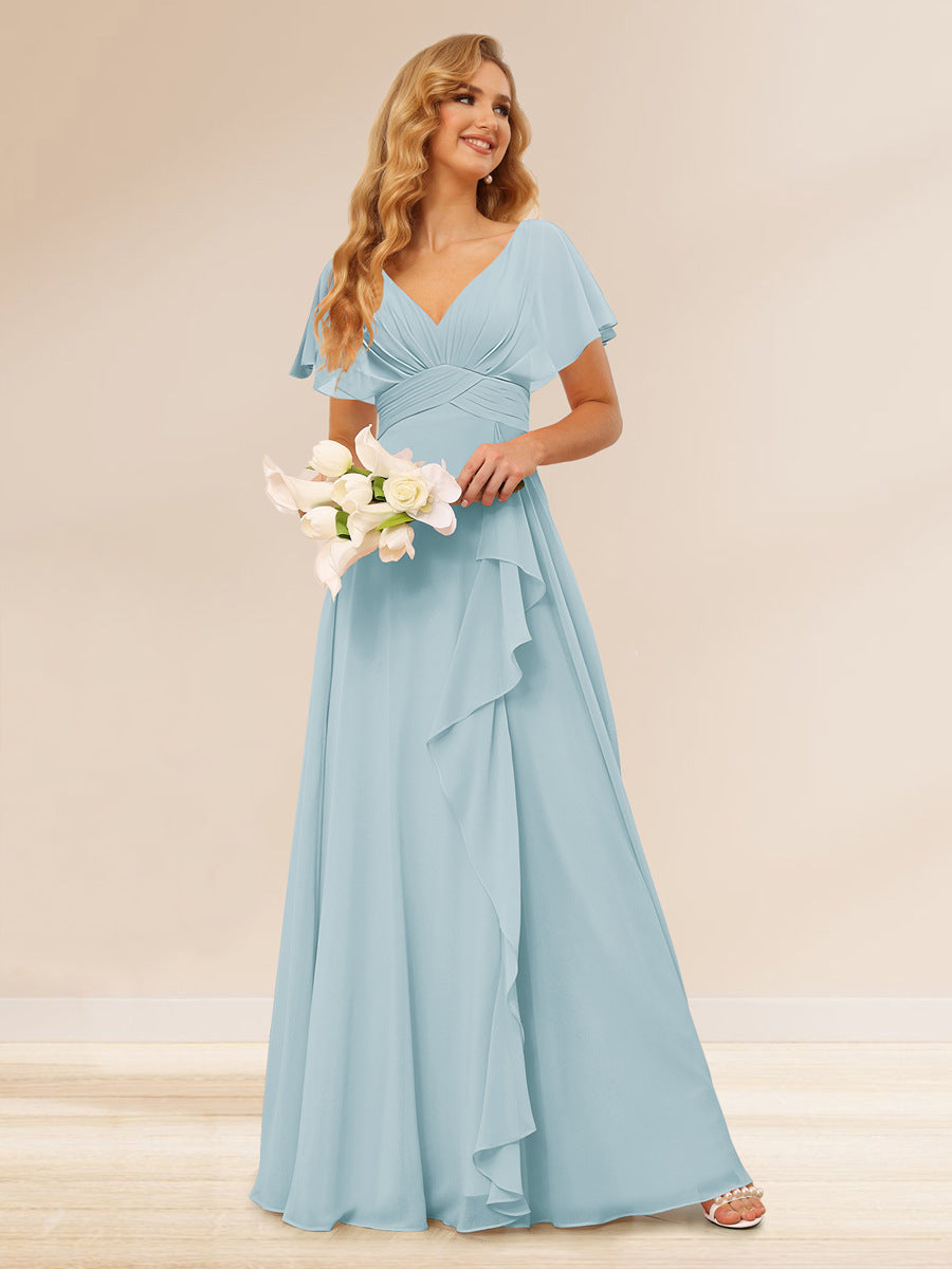 A-Line/Princess V-Neck Long Bridesmaid Dresses with Ruffles