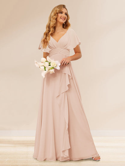 A-Line/Princess V-Neck Long Bridesmaid Dresses with Ruffles