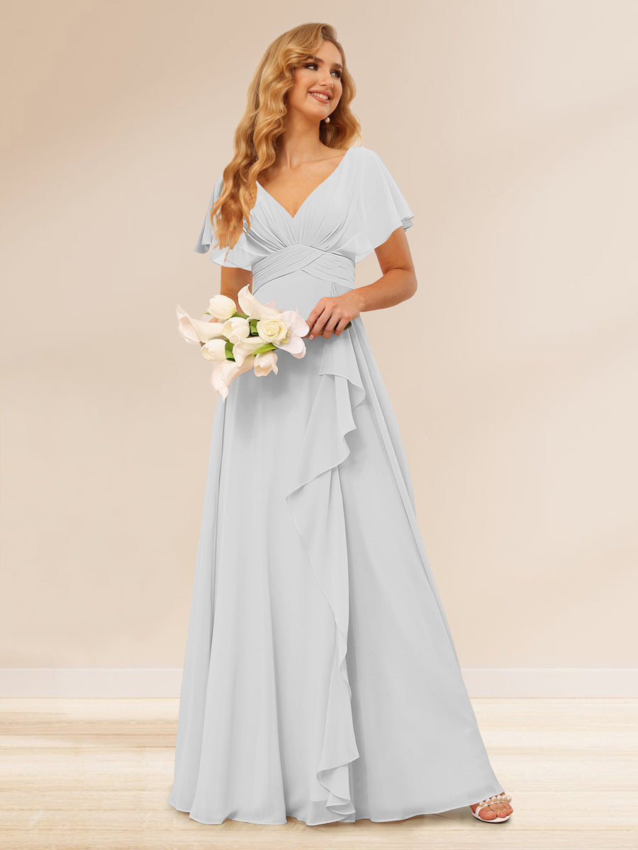 A-Line/Princess V-Neck Long Bridesmaid Dresses with Ruffles