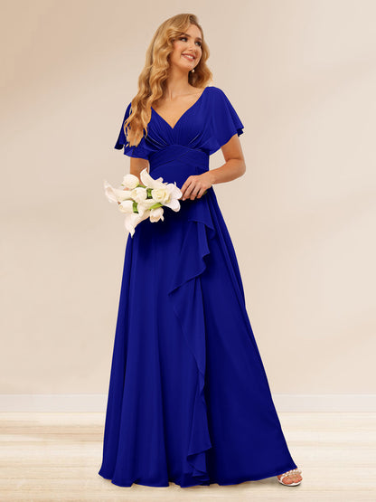 A-Line/Princess V-Neck Long Bridesmaid Dresses with Ruffles