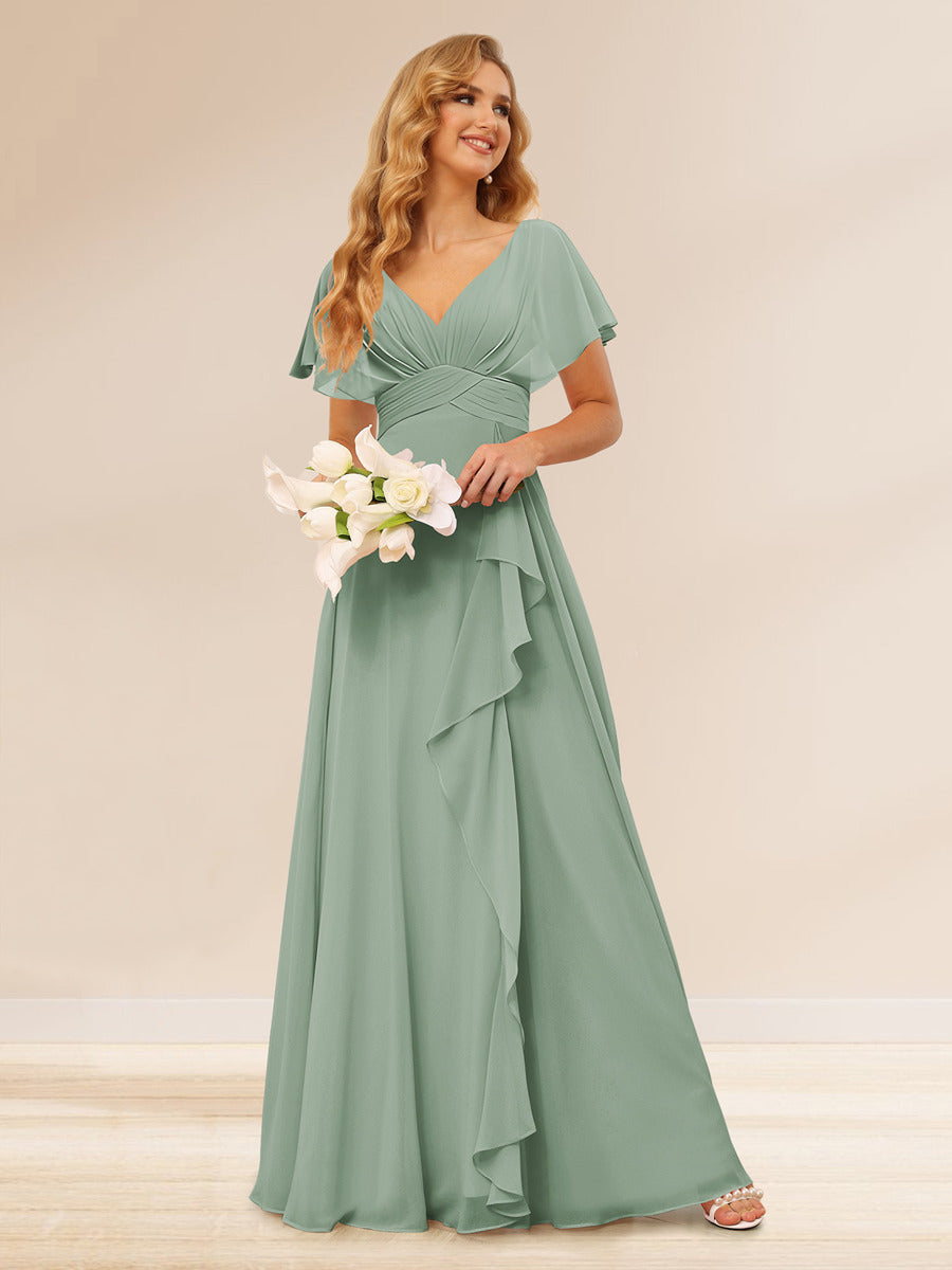 A-Line/Princess V-Neck Long Bridesmaid Dresses with Ruffles