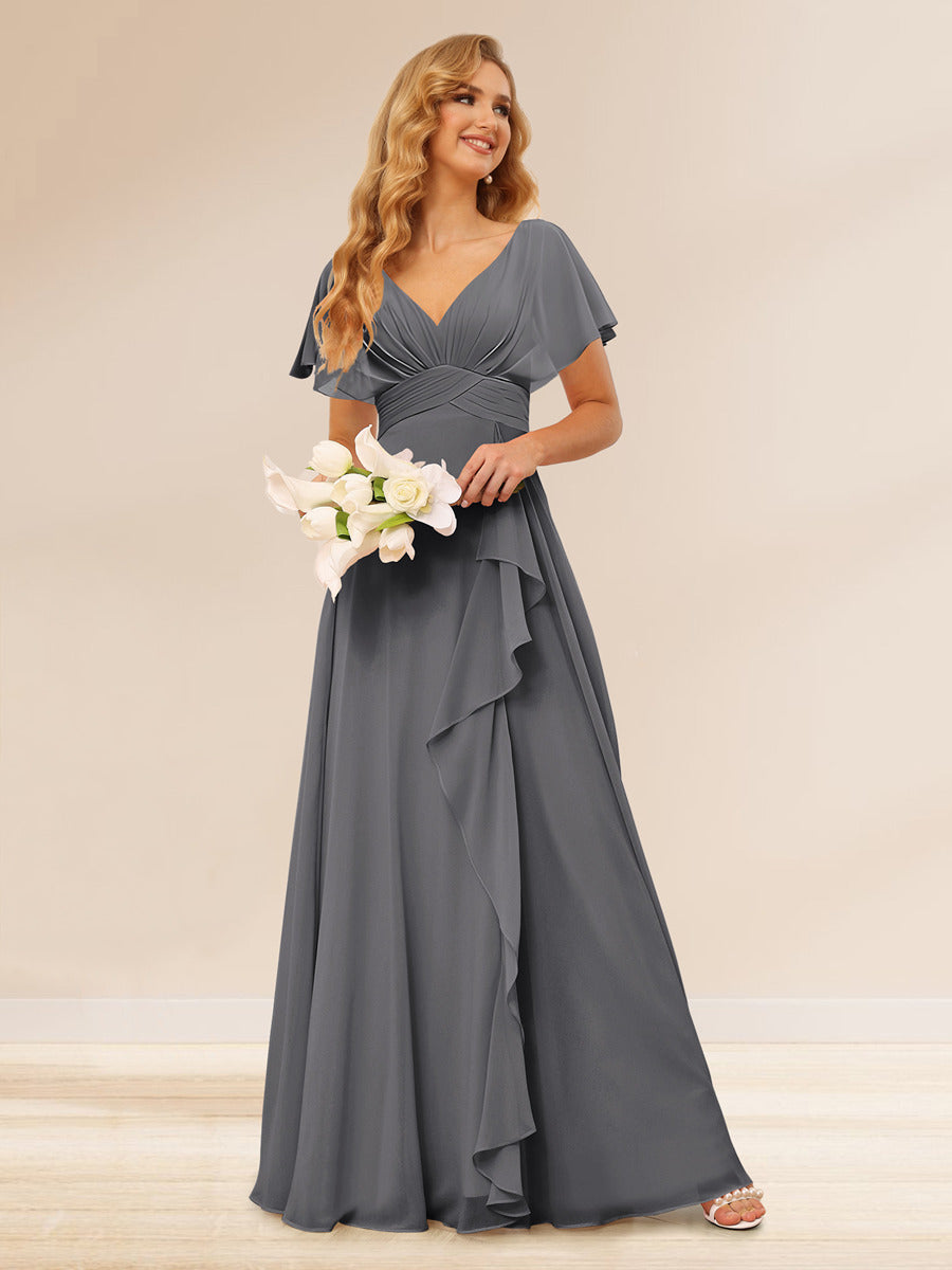 A-Line/Princess V-Neck Long Bridesmaid Dresses with Ruffles