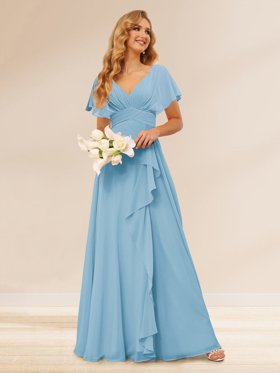 A-Line/Princess V-Neck Long Bridesmaid Dresses with Ruffles