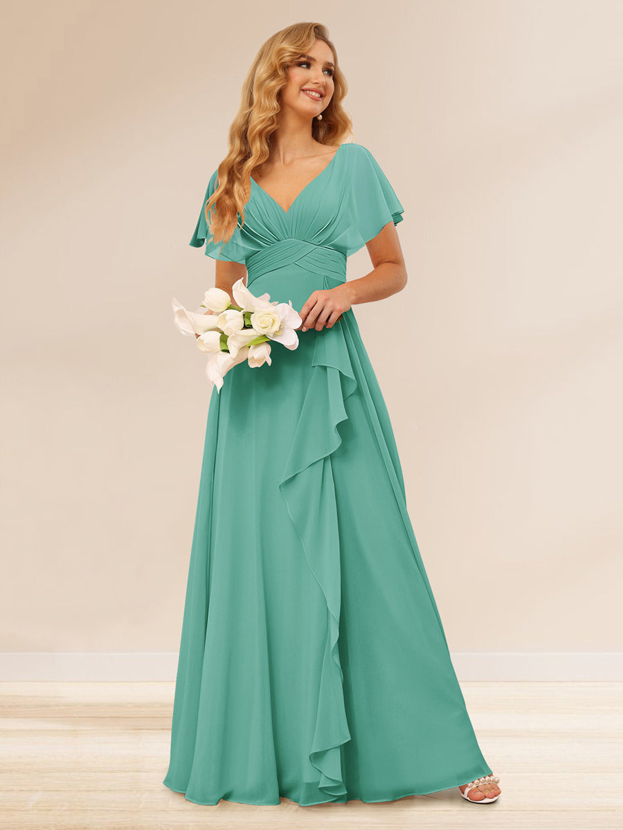 A-Line/Princess V-Neck Long Bridesmaid Dresses with Ruffles