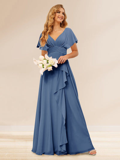 A-Line/Princess V-Neck Long Bridesmaid Dresses with Ruffles