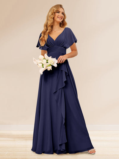 A-Line/Princess V-Neck Long Bridesmaid Dresses with Ruffles