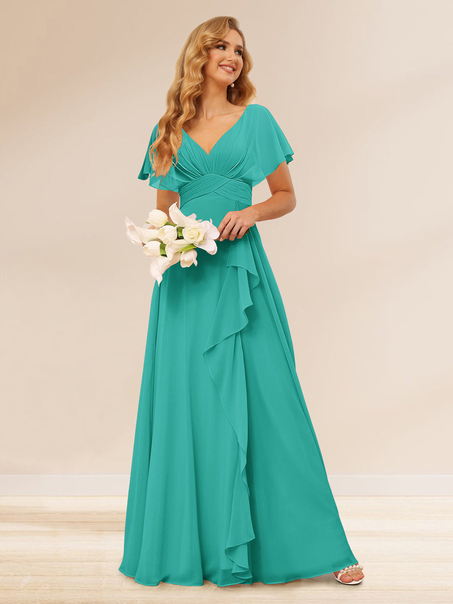 A-Line/Princess V-Neck Long Bridesmaid Dresses with Ruffles