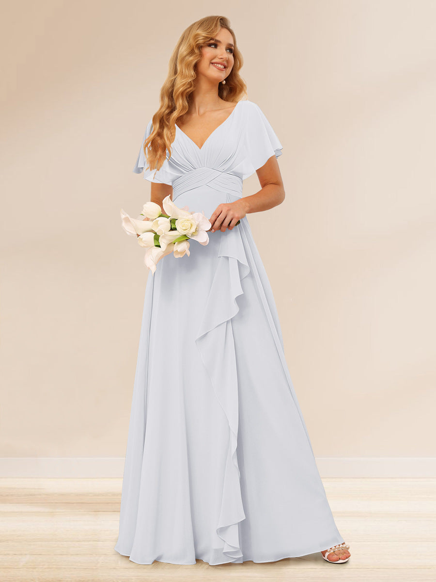 A-Line/Princess V-Neck Long Bridesmaid Dresses with Ruffles