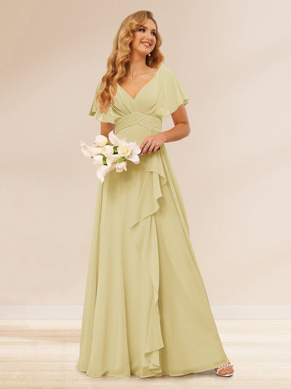 A-Line/Princess V-Neck Long Bridesmaid Dresses with Ruffles