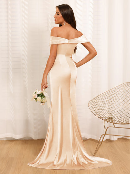 Sheath/Column Off-The-Shoulder Long Formal Dresses with Split Side & Ruched