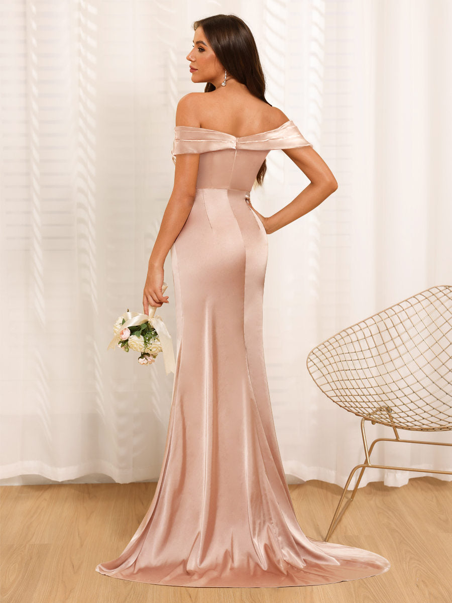 Sheath/Column Off-The-Shoulder Long Formal Dresses with Split Side & Ruched