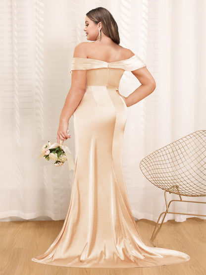 Sheath/Column Off-The-Shoulder Long Formal Plus Size Dresses with Split Side & Ruched