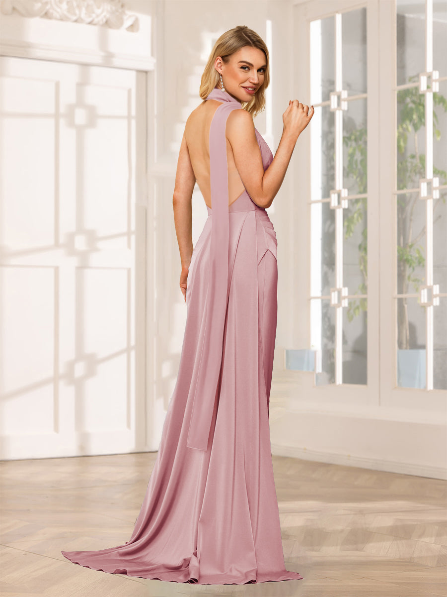 Sheath/Column Halter V-Neck Long Formal Dresses with Split Side & Ruched