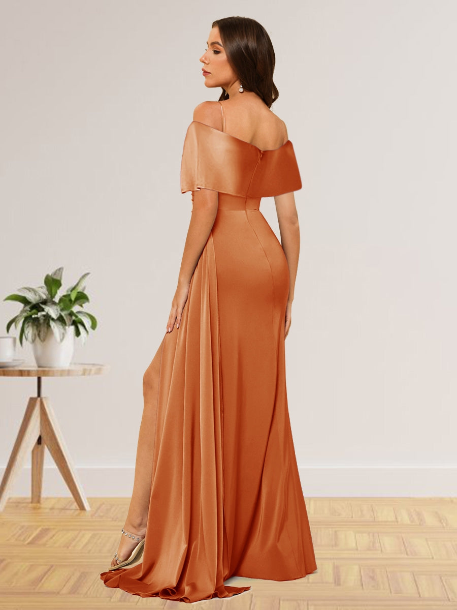 Sheath/Column Off-the-Shoulder Long Formal Dresses with Split Side & Ruched