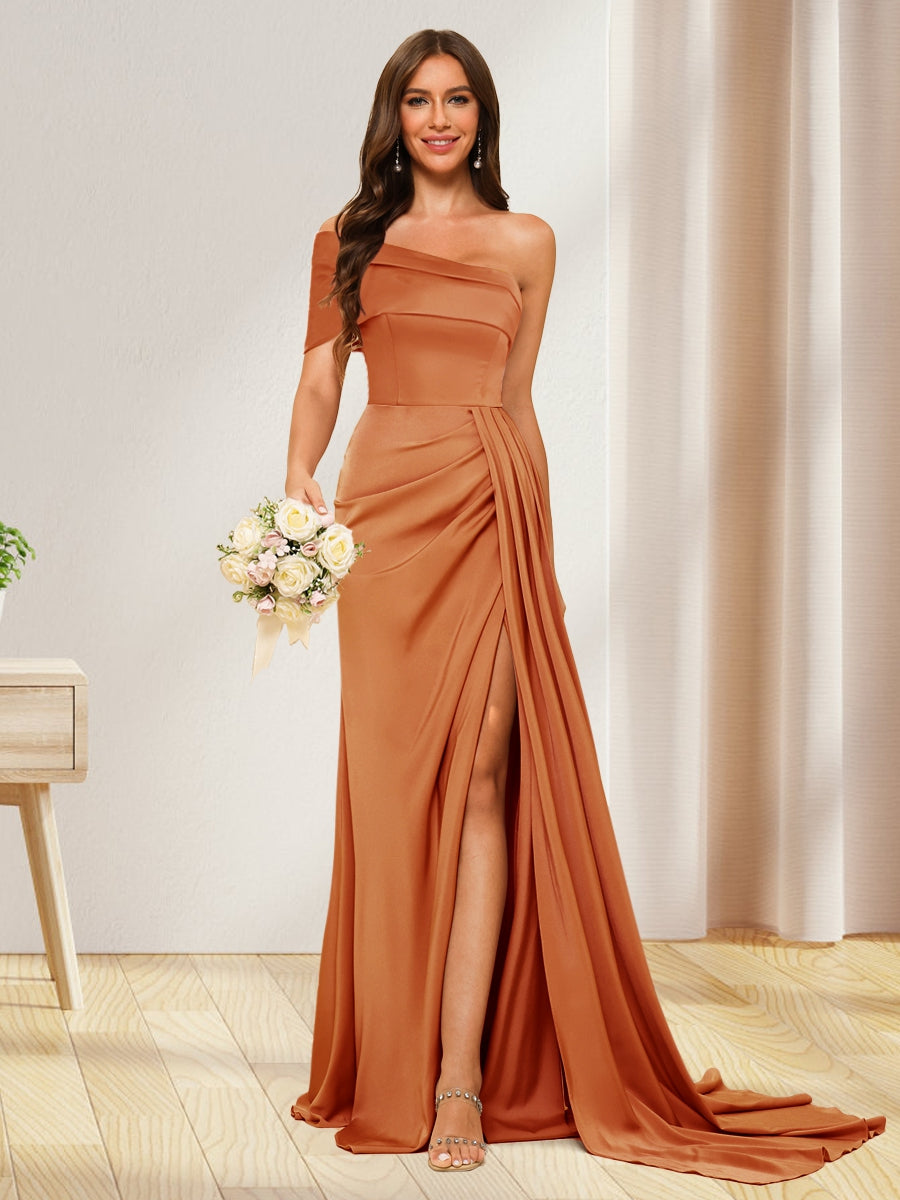 Sheath/Column One-Shoulder Long Formal Dresses with Split Side