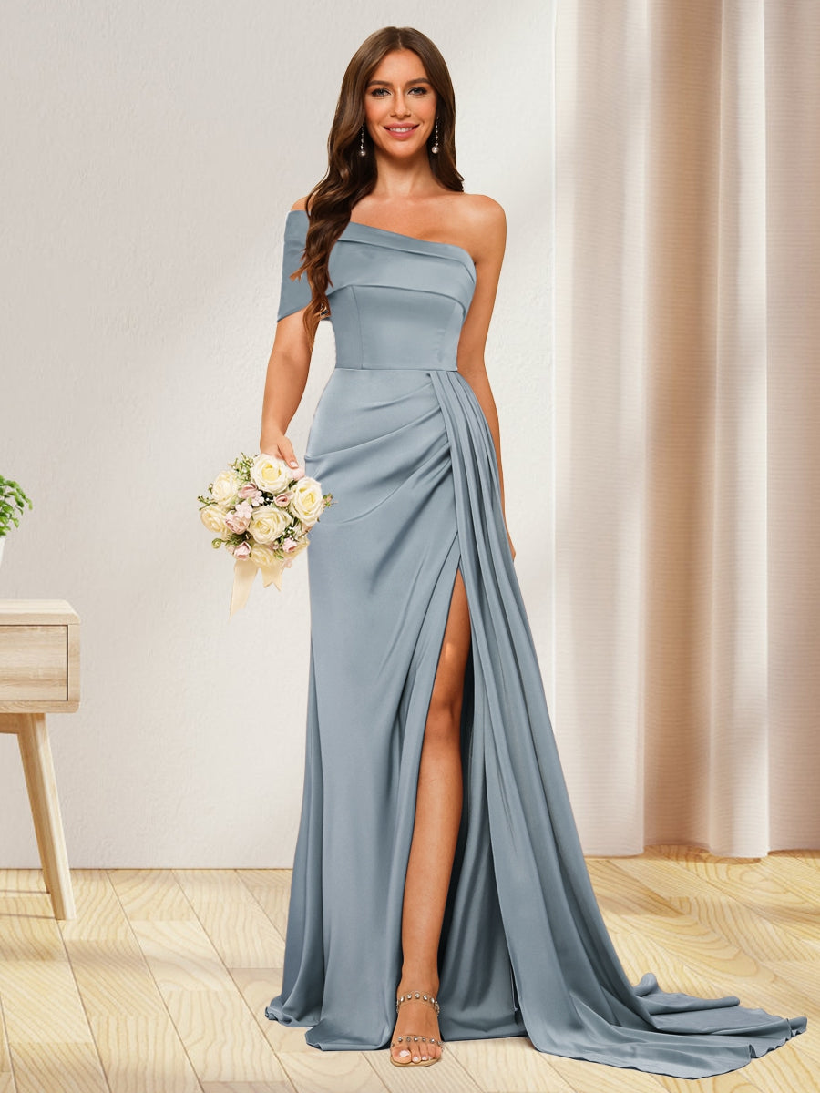 Sheath/Column One-Shoulder Long Formal Dresses with Split Side