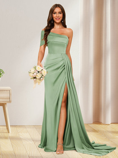 Sheath/Column One-Shoulder Long Formal Dresses with Split Side