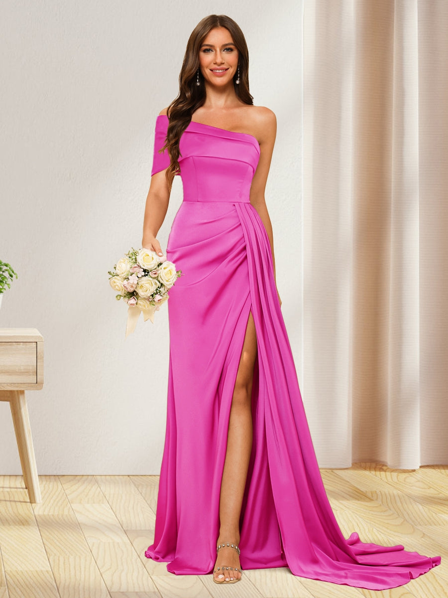 Sheath/Column One-Shoulder Long Formal Dresses with Split Side