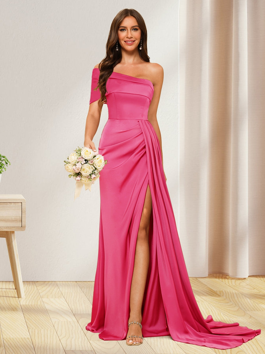 Sheath/Column One-Shoulder Long Formal Dresses with Split Side