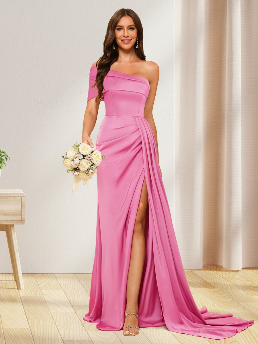 Sheath/Column One-Shoulder Long Formal Dresses with Split Side