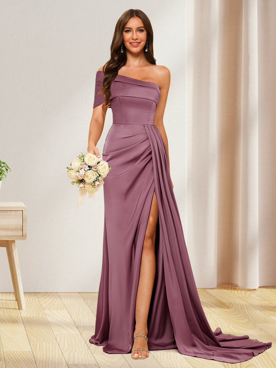 Sheath/Column One-Shoulder Long Formal Dresses with Split Side