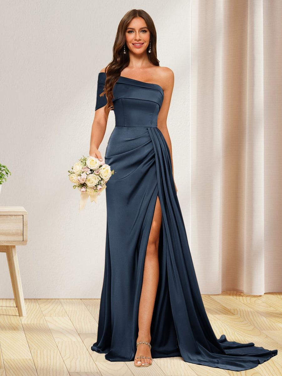 Sheath/Column One-Shoulder Long Formal Dresses with Split Side