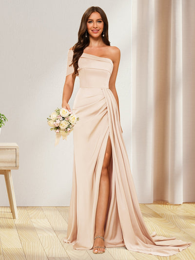 Sheath/Column One-Shoulder Long Formal Dresses with Split Side