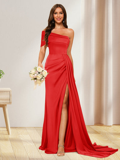 Sheath/Column One-Shoulder Long Formal Dresses with Split Side