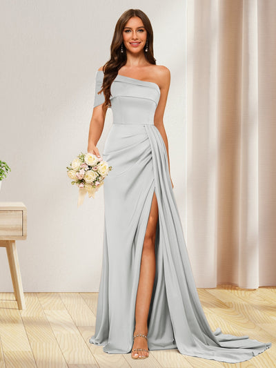 Sheath/Column One-Shoulder Long Formal Dresses with Split Side