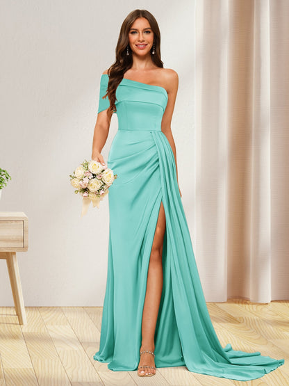 Sheath/Column One-Shoulder Long Formal Dresses with Split Side