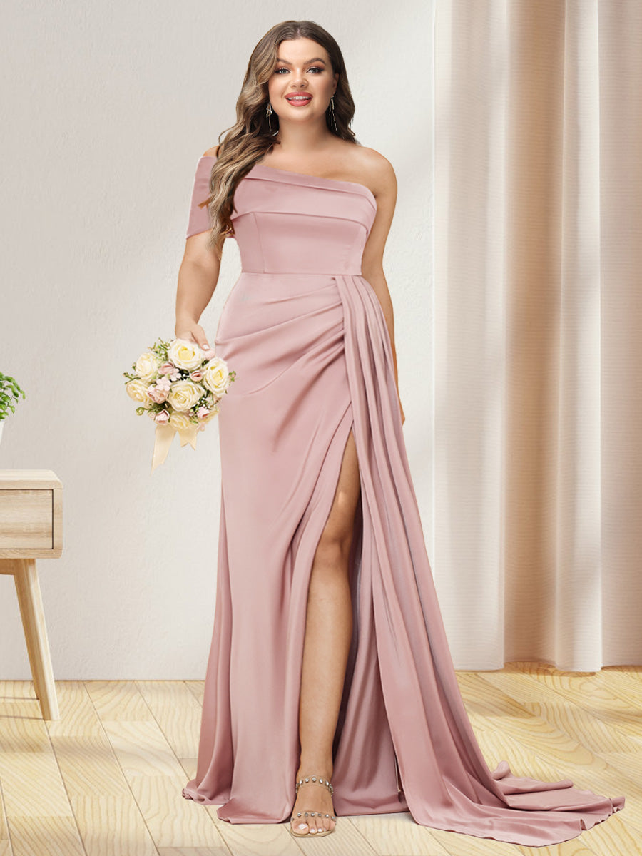 Sheath/Column One-Shoulder Long Formal Plus Size Dresses with Split Side