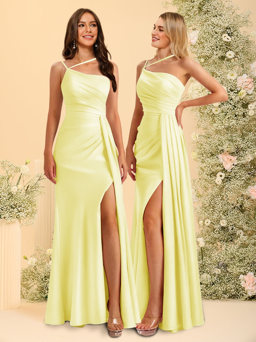 Sheath/Column One-Shoulder Long Bridesmaid Dresses with Split Side