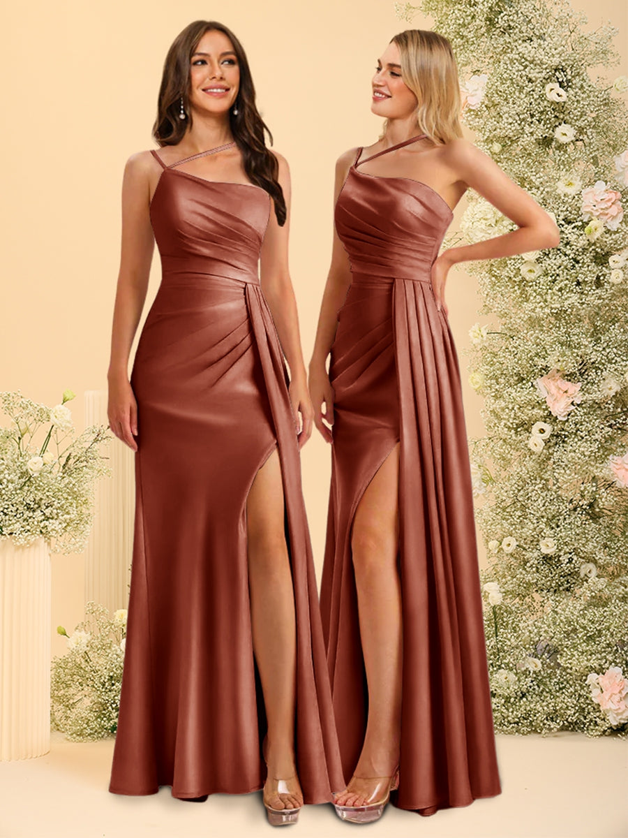 Sheath/Column One-Shoulder Long Bridesmaid Dresses with Split Side