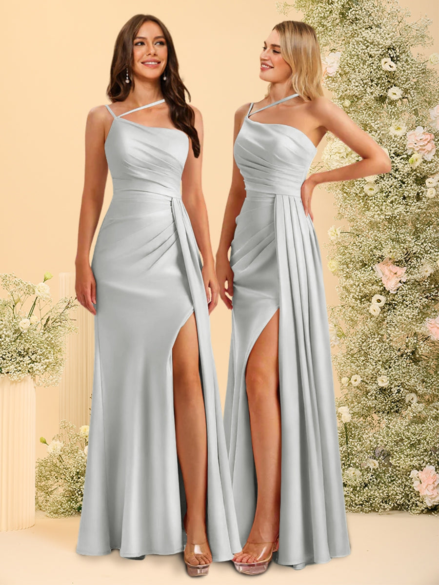 Sheath/Column One-Shoulder Long Bridesmaid Dresses with Split Side