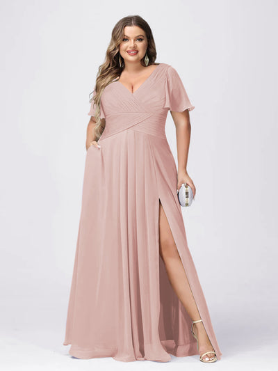 A Line/Princess V-Neck Short Sleeves Plus Size Bridesmaid Dresses with Split Side