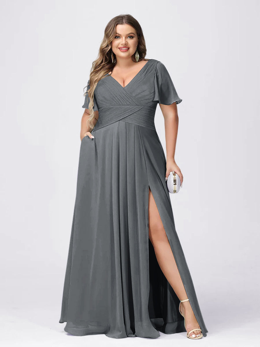 A Line/Princess V-Neck Short Sleeves Plus Size Bridesmaid Dresses with Split Side