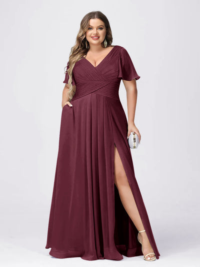 A Line/Princess V-Neck Short Sleeves Plus Size Bridesmaid Dresses with Split Side