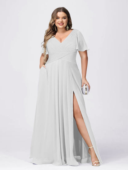 A Line/Princess V-Neck Short Sleeves Plus Size Bridesmaid Dresses with Split Side