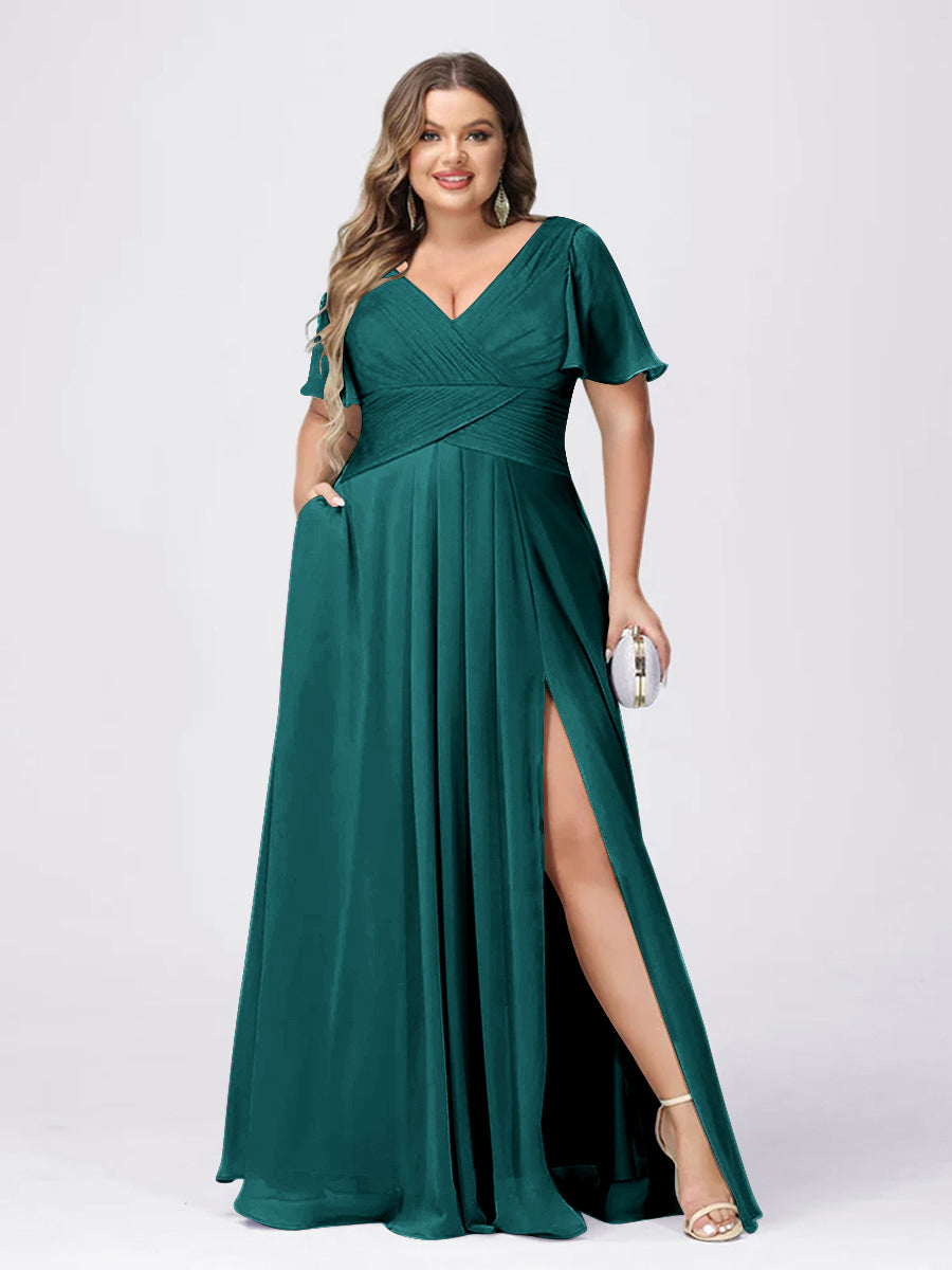 A Line/Princess V-Neck Short Sleeves Plus Size Bridesmaid Dresses with Split Side