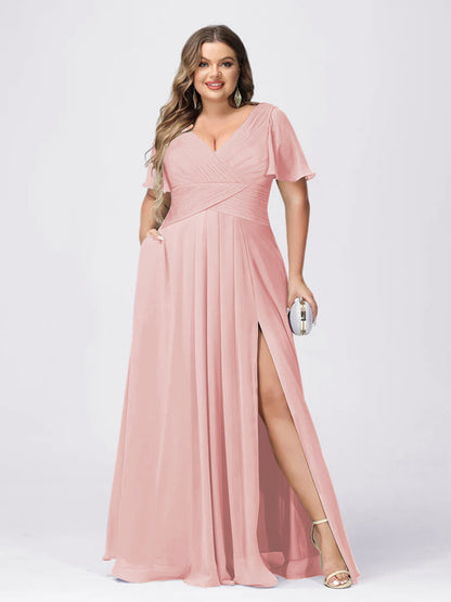 A Line/Princess V-Neck Short Sleeves Plus Size Bridesmaid Dresses with Split Side